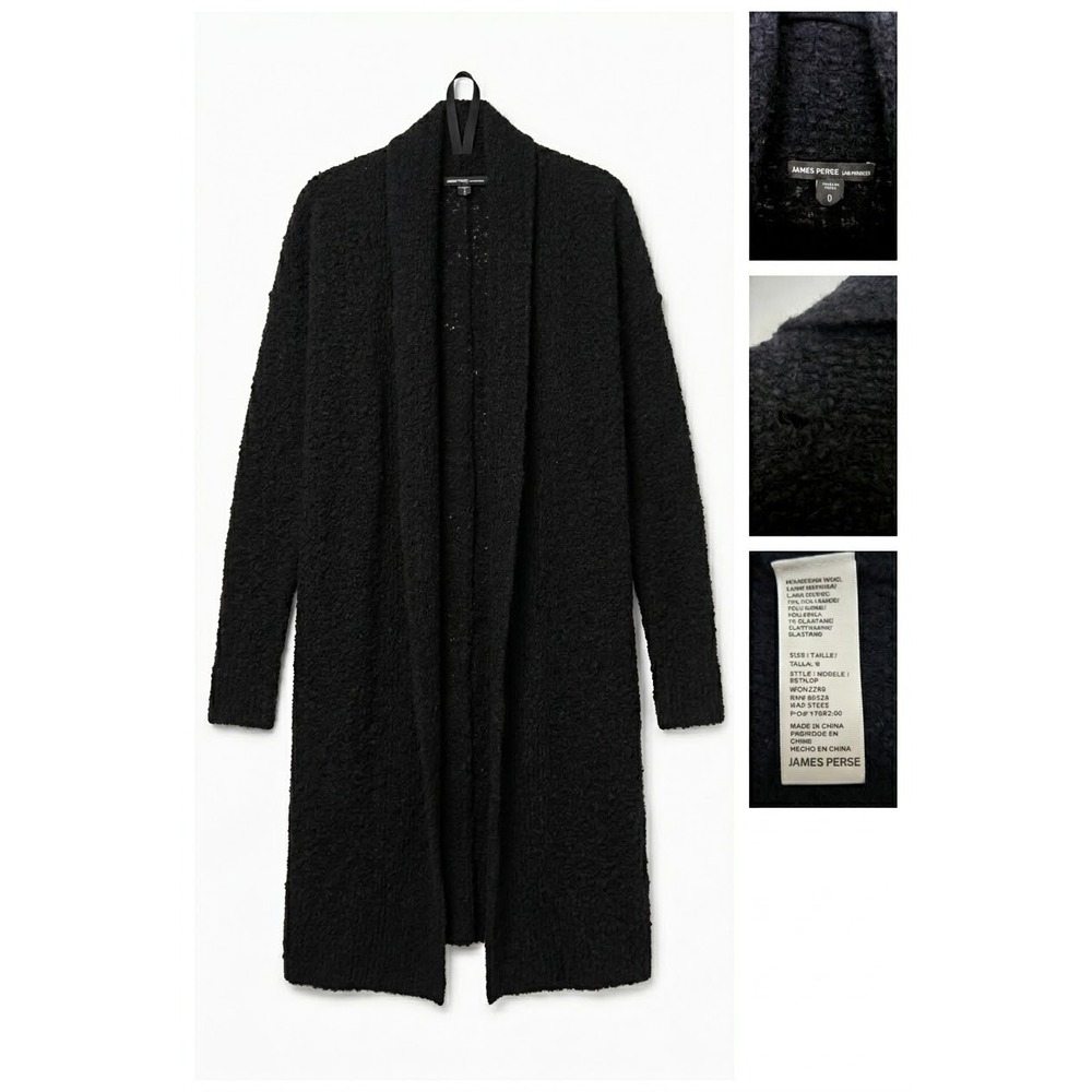 James Perse Black Merino Wool Boucle Cardigan Open Front Size 0 XS Cozy Flaw‎